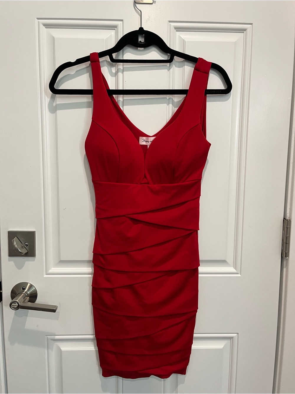 Honey and Rosie Red V-Neck Ruched Mini Dress